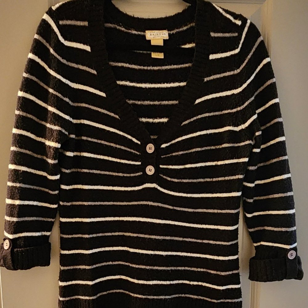 Arizona Jeans Co Womens Size Large black/white/gray Striped Sweater w/ buttons